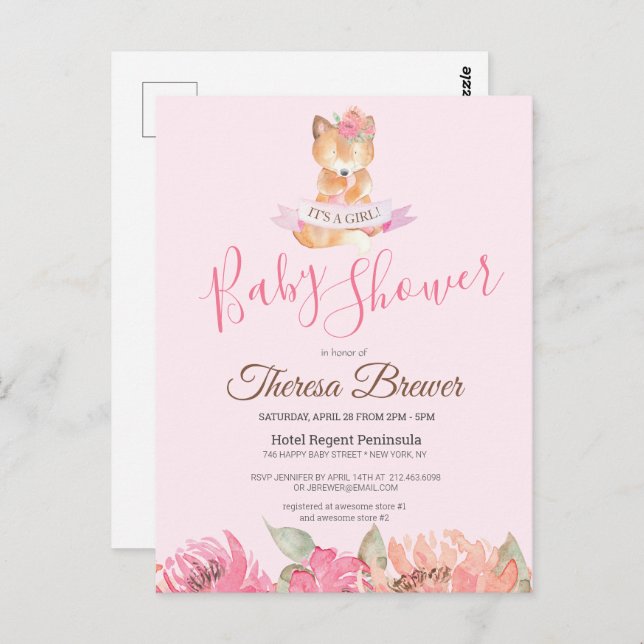 Carte Postale Bois Renard rose Aquarelle Baby shower Floral (Devant / Derrière)