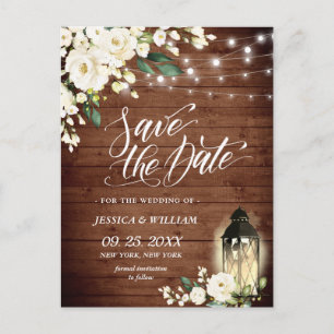 Carte Postale Bois Roses blanches Mariage rustique Sauvez la dat