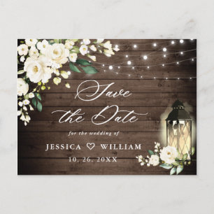 Carte Postale Bois Roses blanches Mariage rustique Sauvez la dat