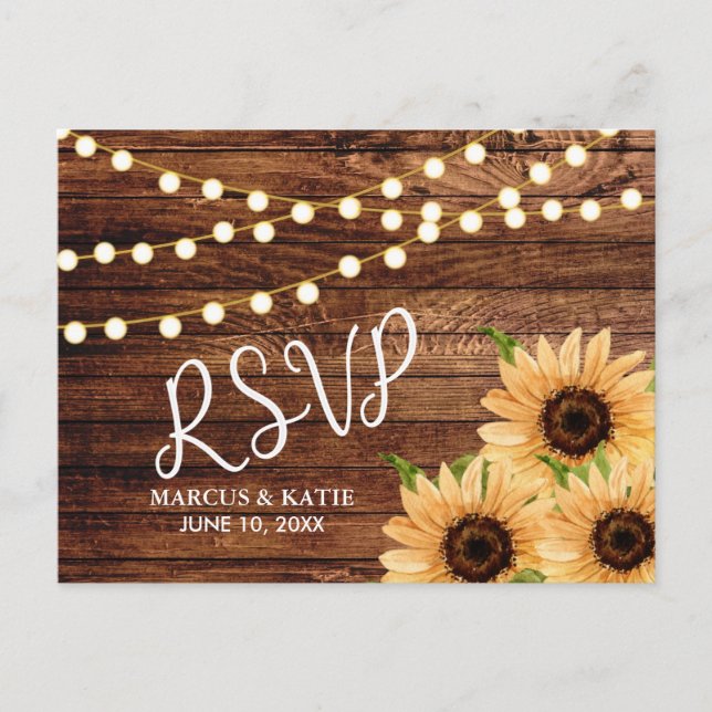 Carte Postale Bois rustique et Fleurs de soleil Mariage RSVP (Devant)