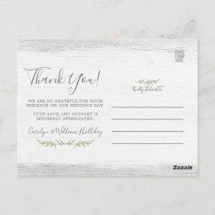 Carte Postale Bois rustique et Merci Mariage de feuilles botaniq