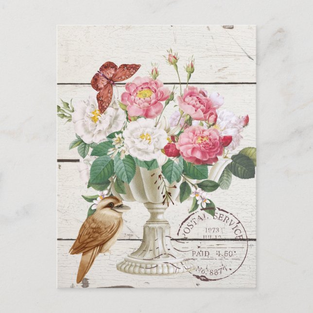 Carte Postale Bois rustique moderne avec fleurs Art botanique (Devant)