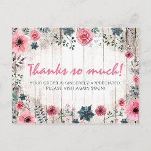 Carte Postale Bois rustique Shabby Chic Rose Anemone Merci