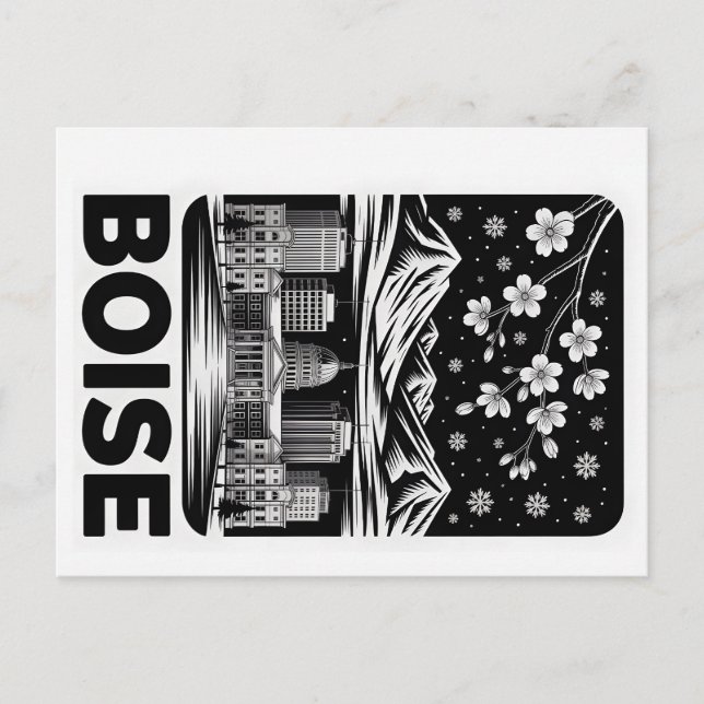 Carte Postale Boise Skyline Black and White Woodcut Winter  (Devant)