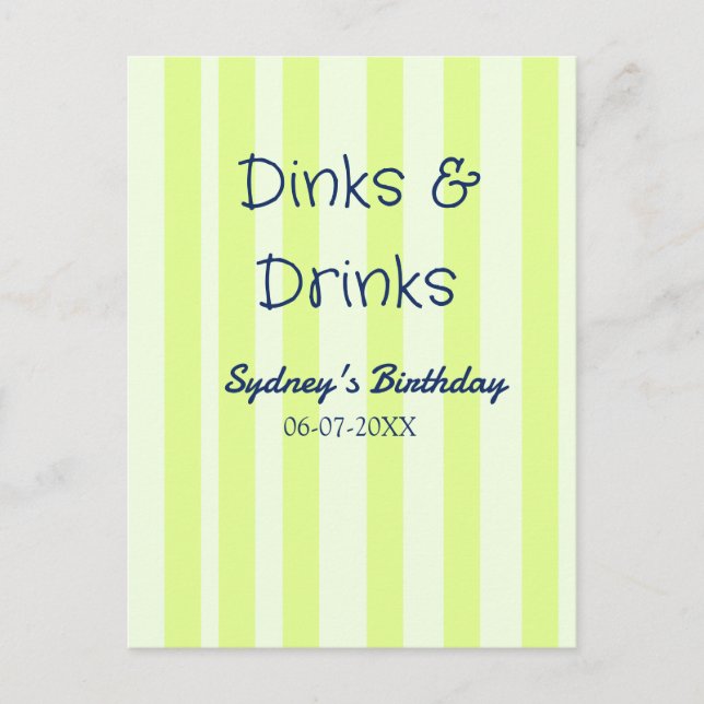 Carte Postale boissons & verres rayé vert anniversaire nom date (Devant)