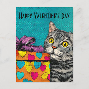 Carte Postale Boîte Cadeau Chat & Cœur Vintage pour la Saint-Val