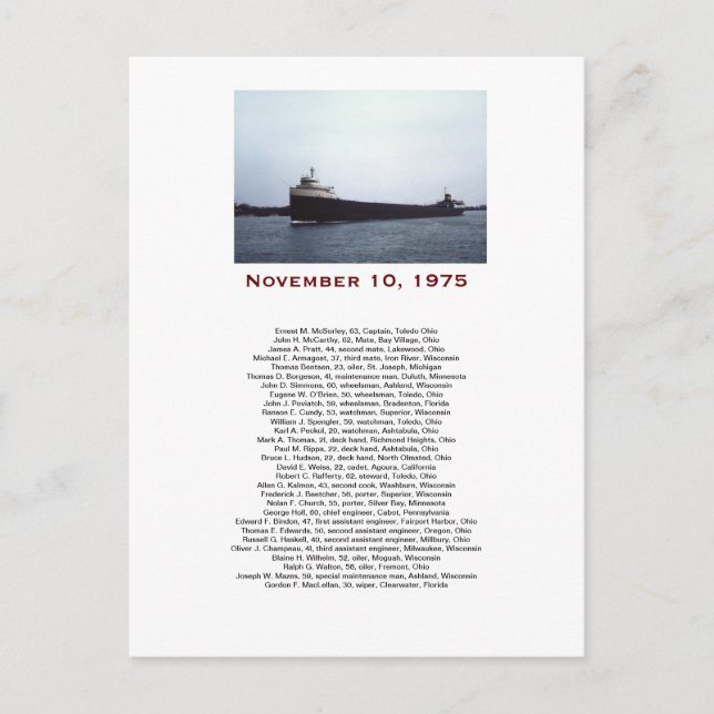 Carte Postale Boîte cadeau Edmund Fitzgerald avec nom d'équipage (Devant)