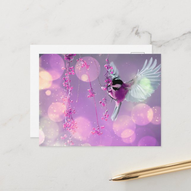 Carte Postale Bokeh Bubbles Flying Hummingbird - Rose (Devant/Arrière en situation)