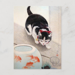Carte Postale Bol de chat et poisson rouge d'Ohara koson (1933)