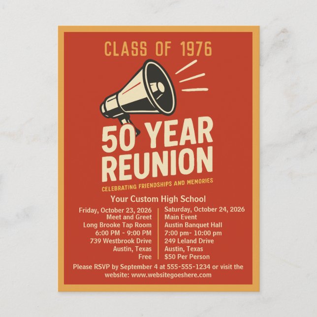 Carte Postale Bold Retro High School Reunion Pep Rally Megaphone (Devant)