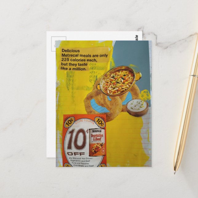 Carte Postale Bon de repas de 1968 en collage de médias mixtes  (Devant/Arrière en situation)