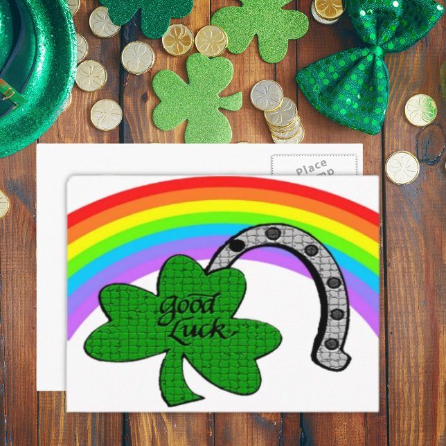 Carte Postale Bon Shamrock de chance, Arc en ciel et fer à cheva (Good Luck Shamrock, Rainbow and Horseshoe Postcard)