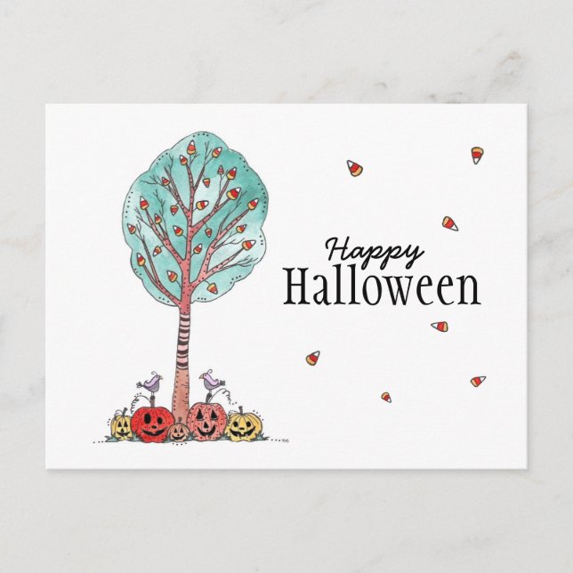 Carte Postale Bonbon Corn Arbre Jack O Lanterns Joyeux Halloween (Devant)