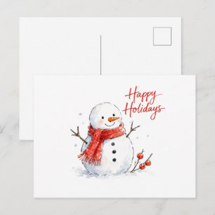 Carte Postale Bonhomme de neige à l'aquarelle avec écharpe rouge