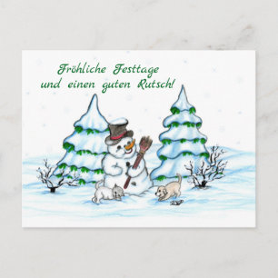 Carte Postale Bonhomme de neige avec chat et chiot en allemand