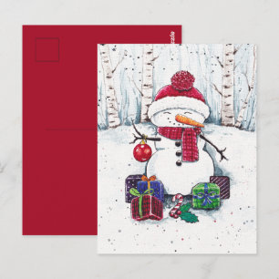 Carte Postale Bonhomme de neige avec des cadeaux en aquarelle 