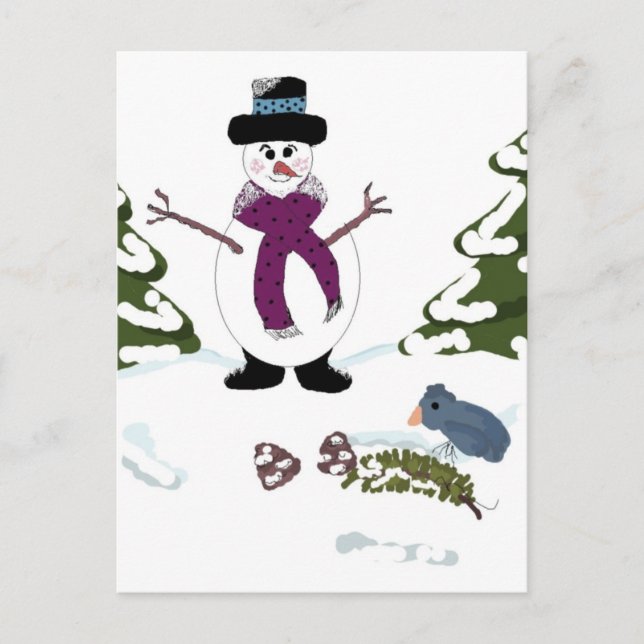 Carte Postale Bonhomme de neige dans la forêt (Devant)