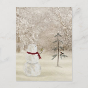 Carte Postale bonhomme de neige de Noël avec étoile pour pin