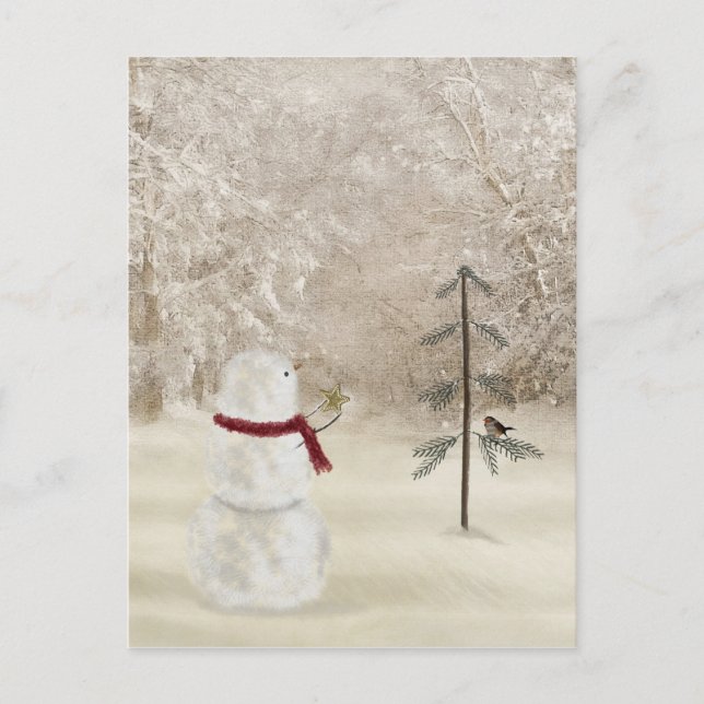 Carte Postale bonhomme de neige de Noël avec étoile pour pin (Devant)