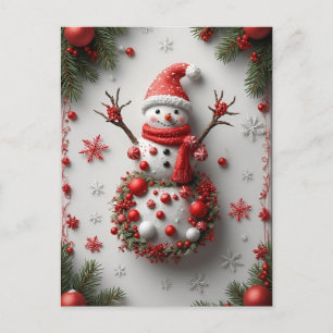Carte Postale Bonhomme de neige de Noël décoré de branches de pi