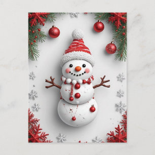 Carte Postale Bonhomme de neige de Noël décoré de branches de pi