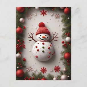 Carte Postale Bonhomme de neige de Noël décoré de branches de pi