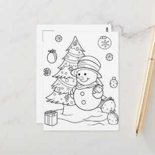 Carte Postale bonhomme de neige de Noël festif coloriage enfant