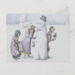 Carte Postale Bonhomme de neige Enfants Jouant Champ de neige