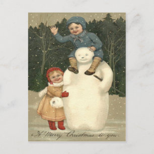 Carte Postale Bonhomme de neige Enfants Jouant Neige Chute de ne