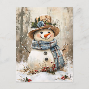 Carte Postale Bonhomme de neige festif en forêt