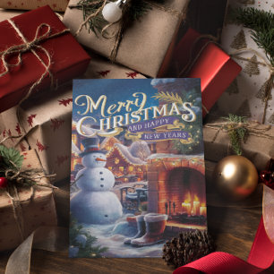 Carte Postale Bonhomme de neige festif près de la cheminée