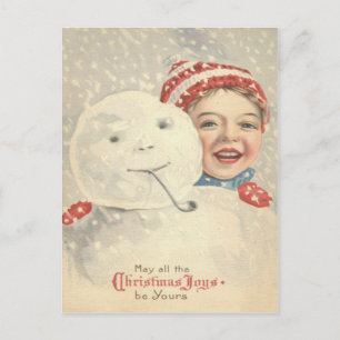 Carte Postale Bonhomme de neige garçon souriant chapeau en trico