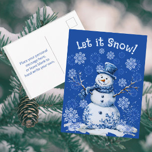 Carte Postale Bonhomme de neige heureux Flocons de neige Bleu Bl