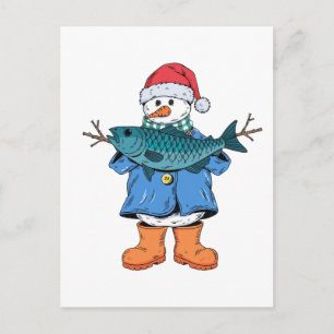 Carte Postale Bonhomme de neige Pêcheur Noël 2026 Vacances Pêche