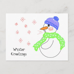 Carte Postale Bonhomme de neige soufflant des salutations en flo