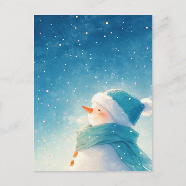 Carte Postale Bonhomme de neige souriant et fantaisiste sous un  (Devant)