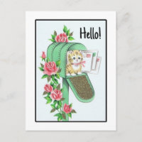 Bonjour ! Chat Vintage dans Boîte aux Lettres Vert