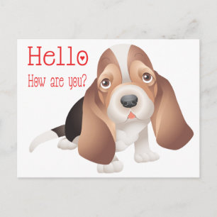 Carte Postale Bonjour chiot Basset Hound Rouge Pensée pour vous