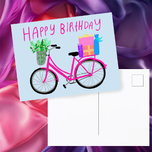 Carte Postale BONJOUR D'ANNIVERSAIRE Bicycle rose mignon Personn