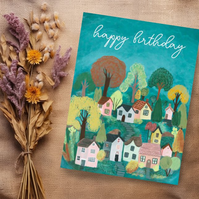 Carte Postale BONJOUR D'ANNIVERSAIRE Mignonne Illustration du vi (Cute custom happy birthday postcard with charming village artwork)