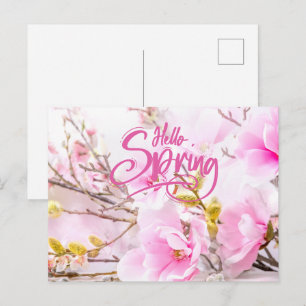 Carte Postale Bonjour fleurs de magnolia rose du printemps