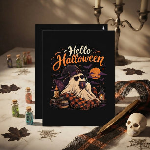 Carte Postale Bonjour Halloween Gentil Fantôme Buvant du Café