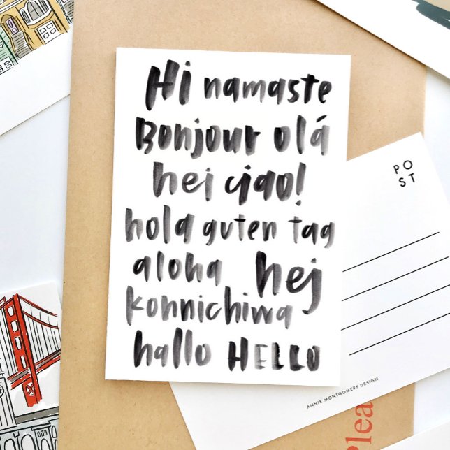 Carte Postale Bonjour Multilingue World International Langue (Black and white watercolor lettering language travel postcard.)