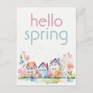 Carte Postale Bonjour Spring Floral Watercolor House Promotionne