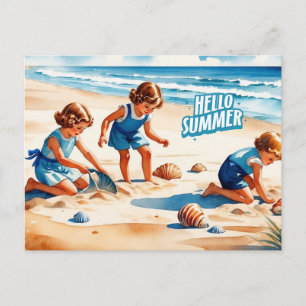 Carte Postale Bonjour Summer Retro Enfants jouant sur une plage
