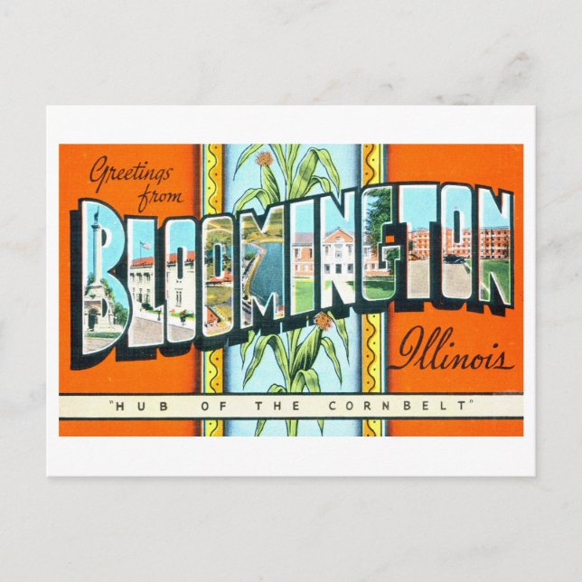 Carte Postale Bonjour vintage de Bloomington, Illinois, (Devant)