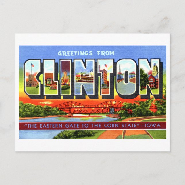 Carte Postale Bonjour vintage de Clinton, Iowa, (Devant)
