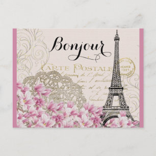 Carte Postale Bonjour Vintage Tour Eiffel Collage avec Fleurs