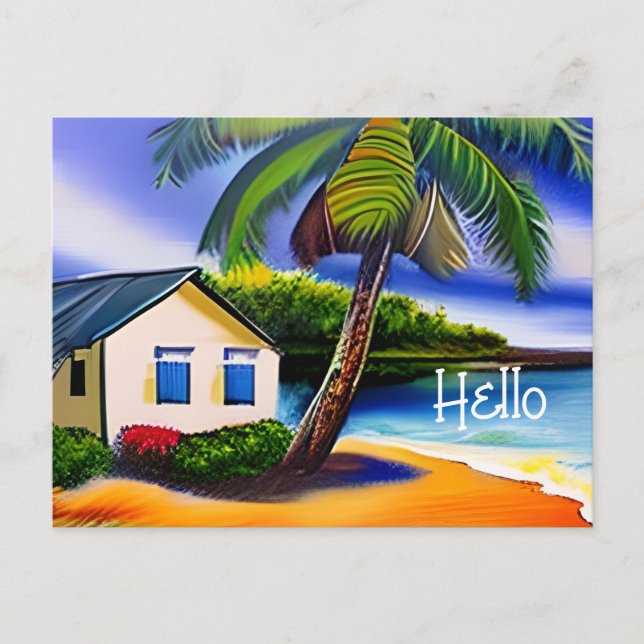 Carte Postale Bonjour  | Watercolor Beach Art | Maintenir le con (Devant)