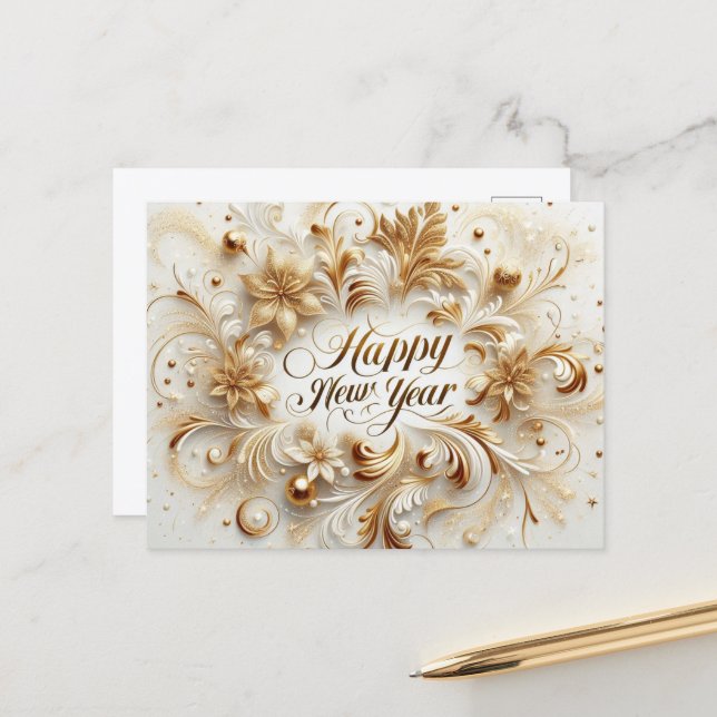 Carte Postale Bonne année élégante en or  (Devant/Arrière en situation)